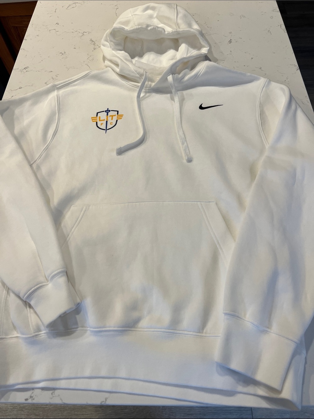 Nike White Hoodie with Small Black Swoosh and Yellow ELITE Crest